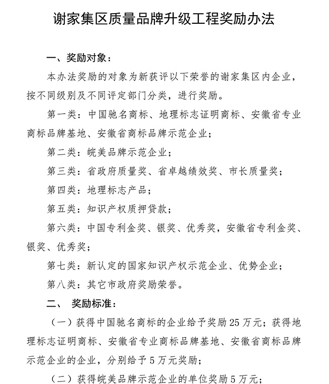 安徽省淮南市謝家集區(qū)質量品牌（知識產權）升級工程獎勵辦法